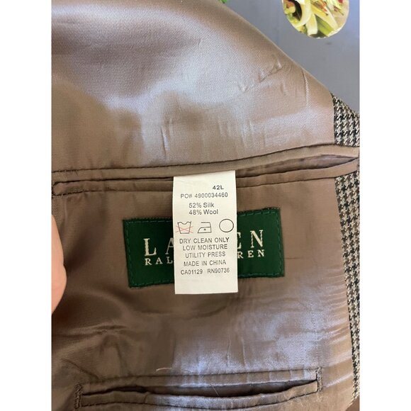 Lauren Ralph Lauren Mens Brown Houndstooth Blazer Size 42L Silk Wool Preppy - Picture 4 of 6